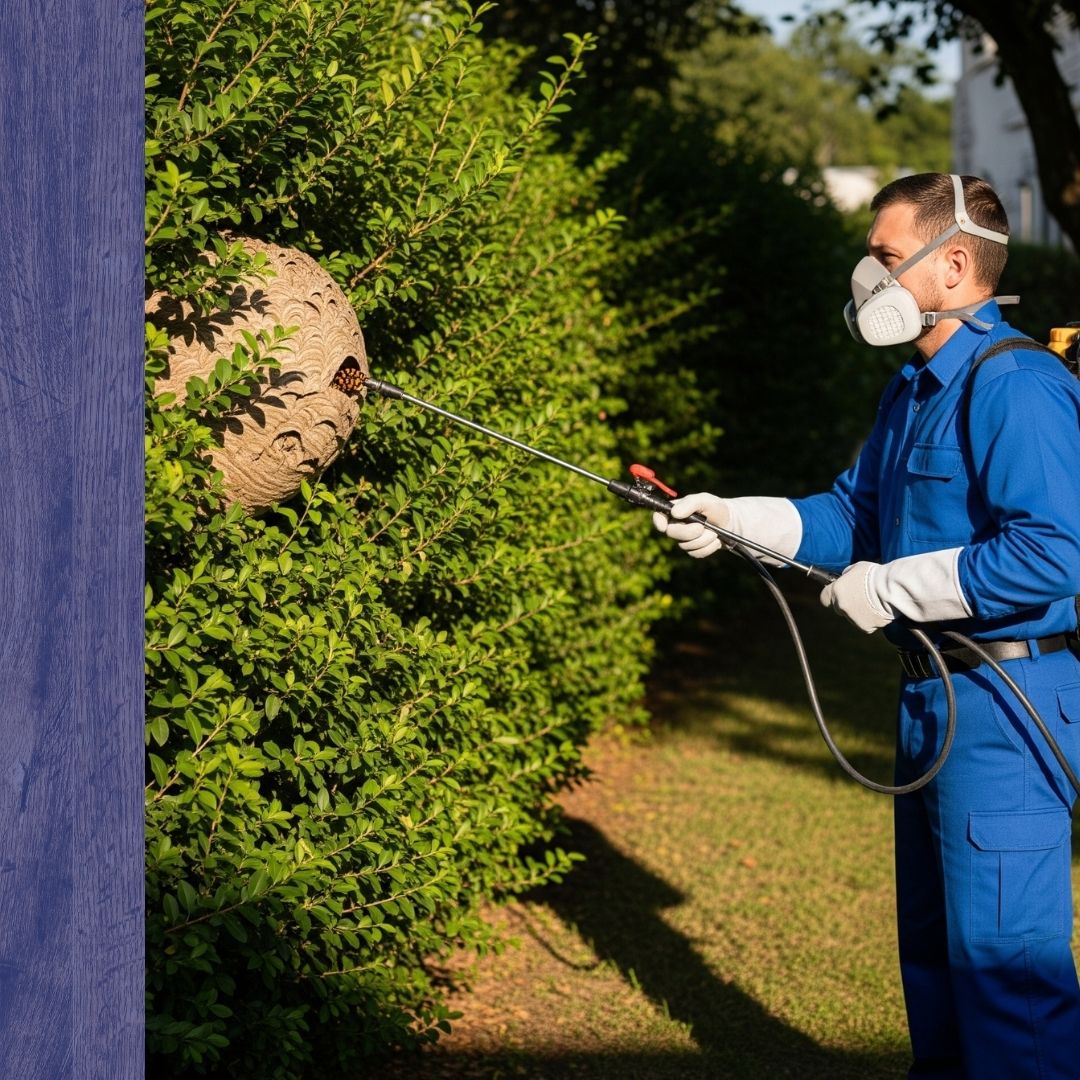 Pest control technician working on a hornet nest