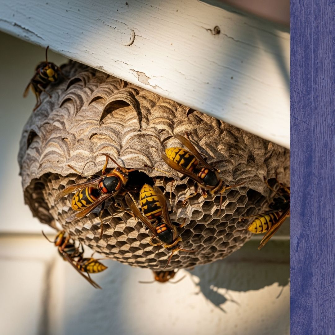 hornets aggressively defending their nest under a house eave