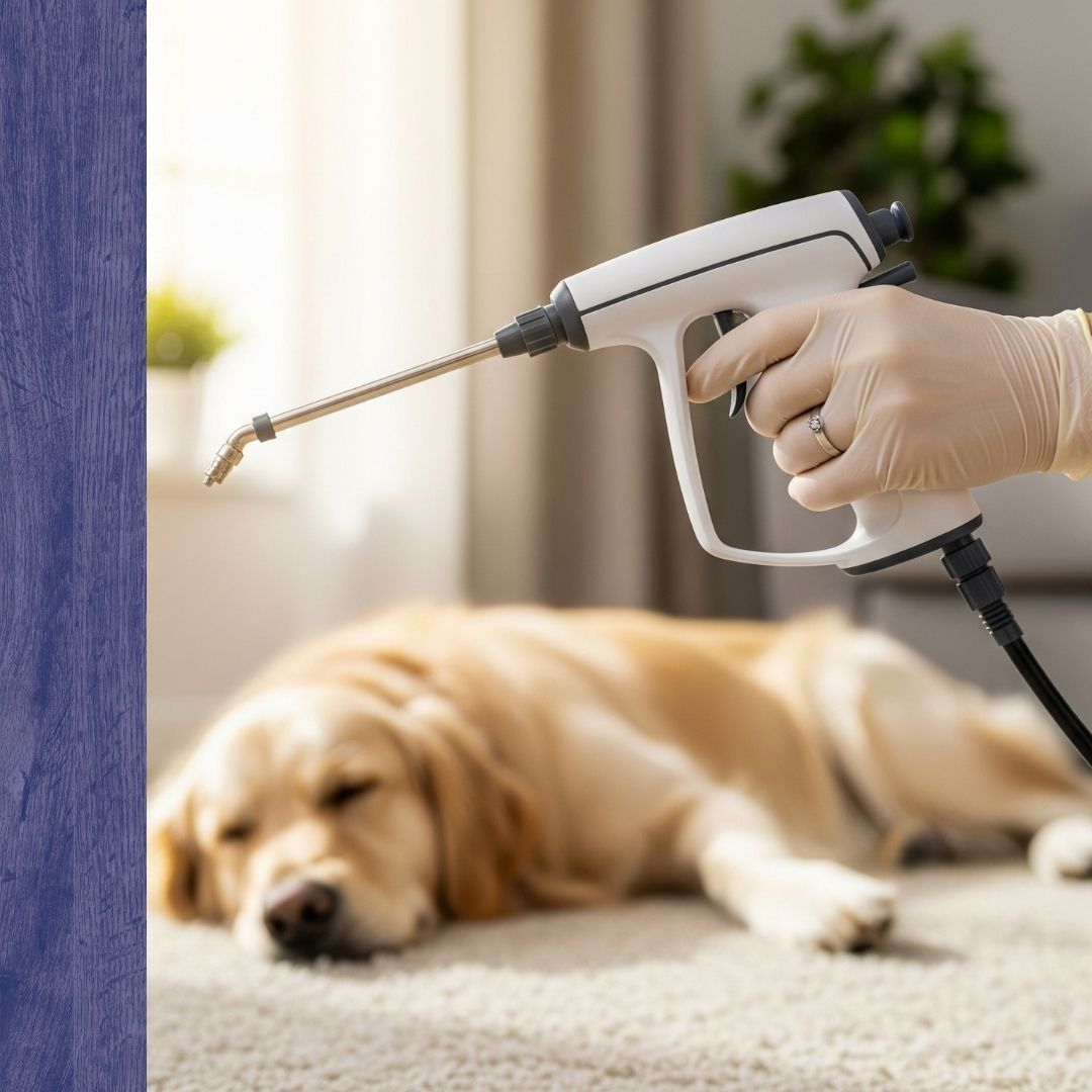 pest control technician's gloved hand holds a spray applicator, with a golden retriever sleeping safely