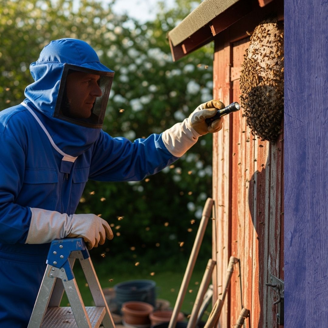 Pest control man looking at a bee nest