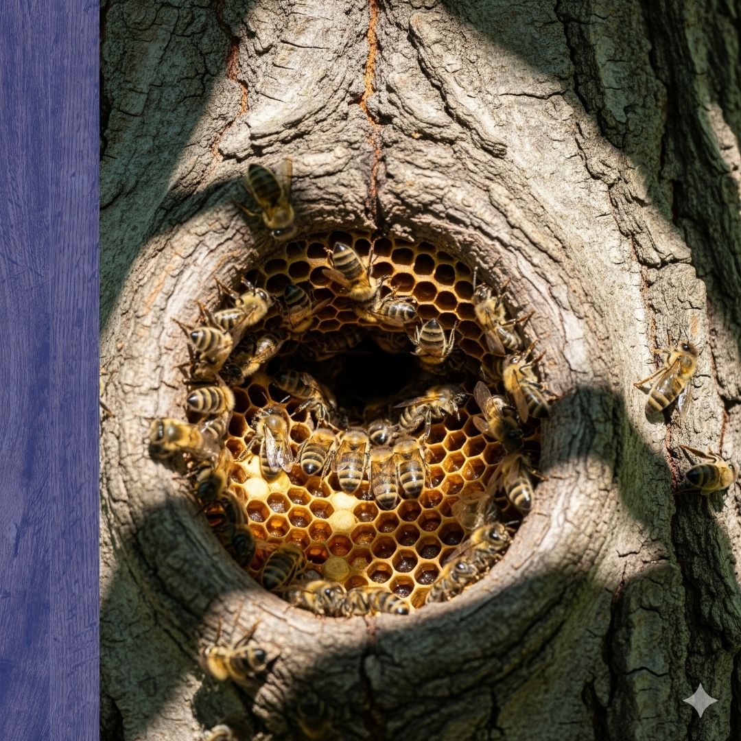 Honeybee nest in a tree trunk