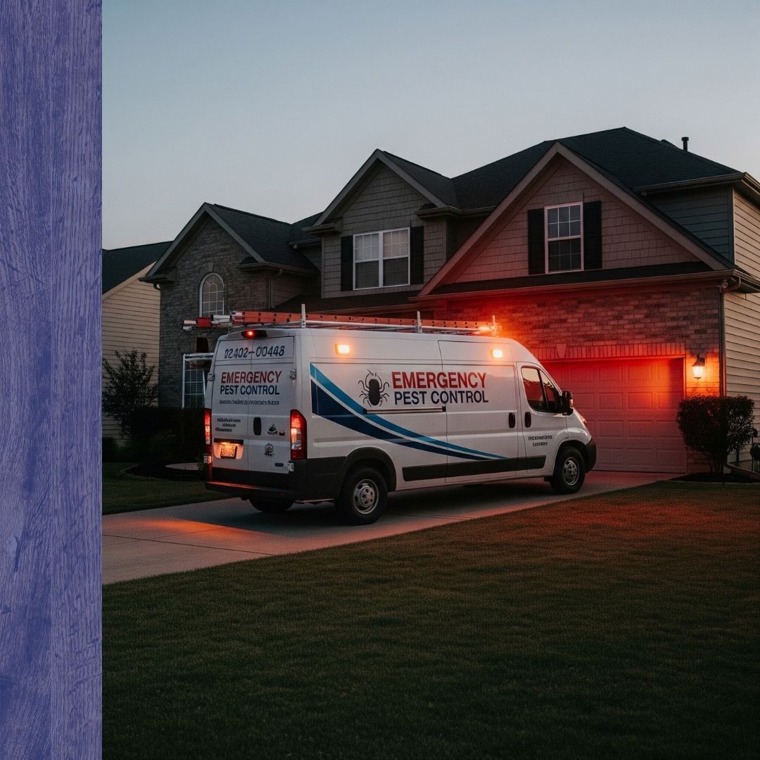 emergency pest control service van parked at a home at dusk