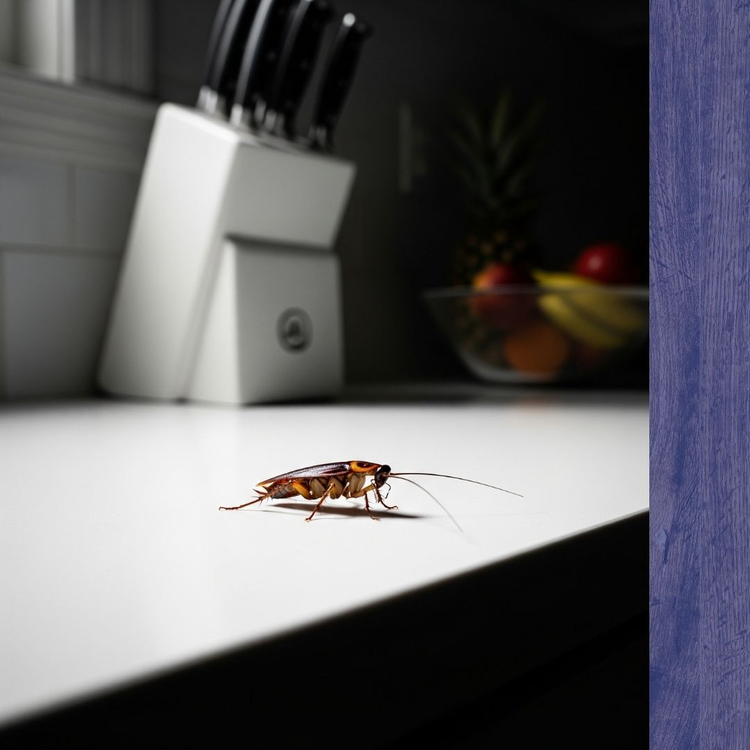single German cockroach crawls across a pristine white kitchen countertop