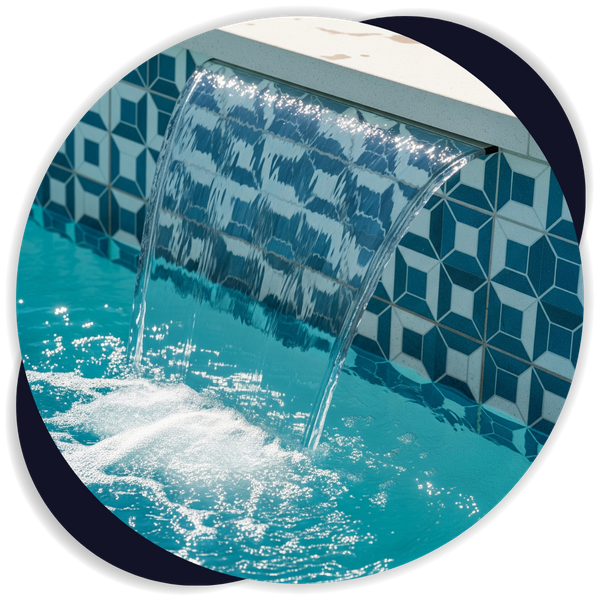 water feature and patterned tile for a pool