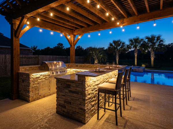 Custom Houston outdoor kitchen lit at dusk with string lights, a stacked-stone bar, and a glowing pool