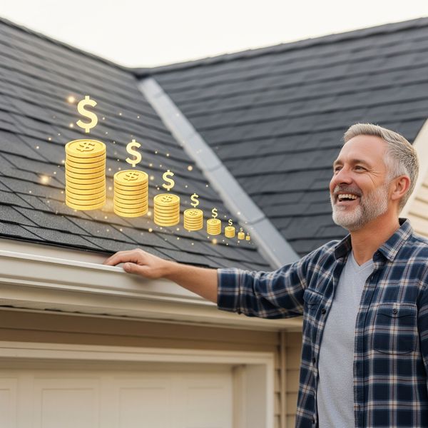 Homeowner smiling next to a strong roof, with visuals indicating reduced insurance premiums and fewer claims.