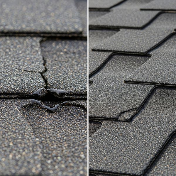 Comparison showing a cracked traditional shingle next to an undamaged impact-resistant shingle after impact.