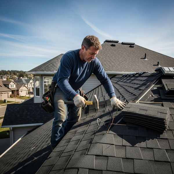 Roofer nailing in new shingles