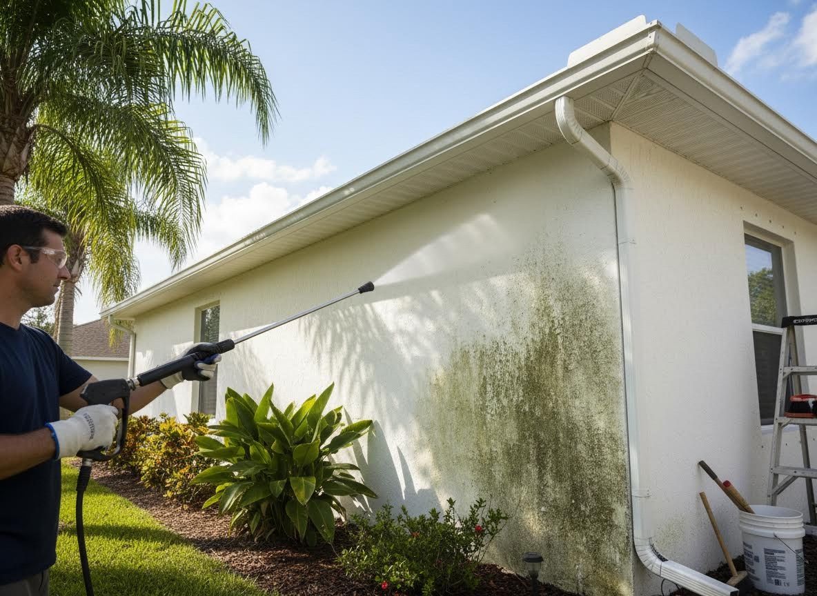 Man Pressure Washing House Exterior