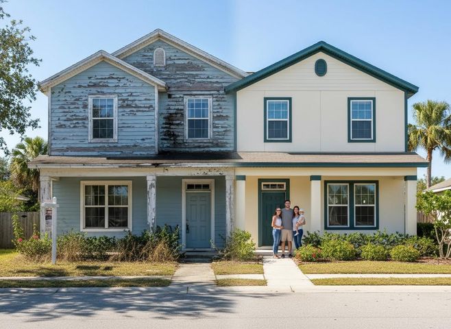 A split image shows a dilapidated blue house on the left, and its bright, newly renovated version with a family on the right. Before and After Home Renovation