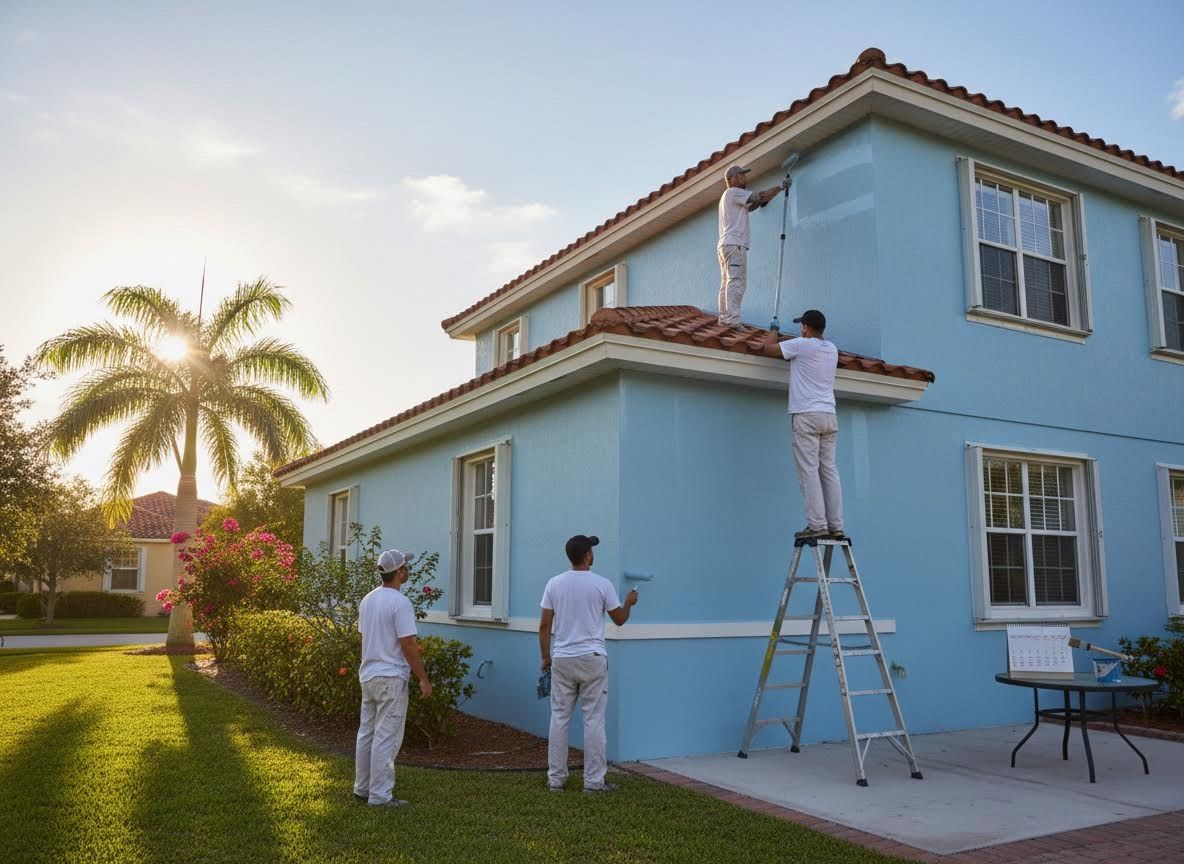 Professional Painters Working on a Blue House Exterior