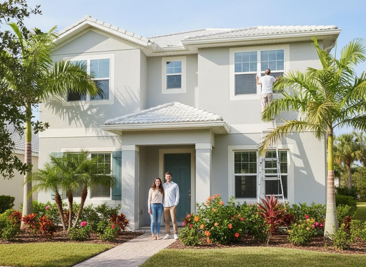 Couple and Man Cleaning Windows at Modern House