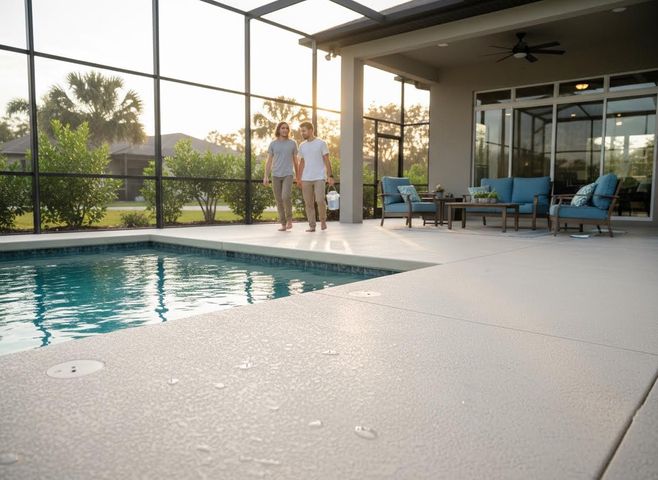 A couple walks barefoot on a textured poolside deck inside a screened patio, past a swimming pool and blue outdoor lounge furniture. Couple Walking on Screened Patio Pool Deck