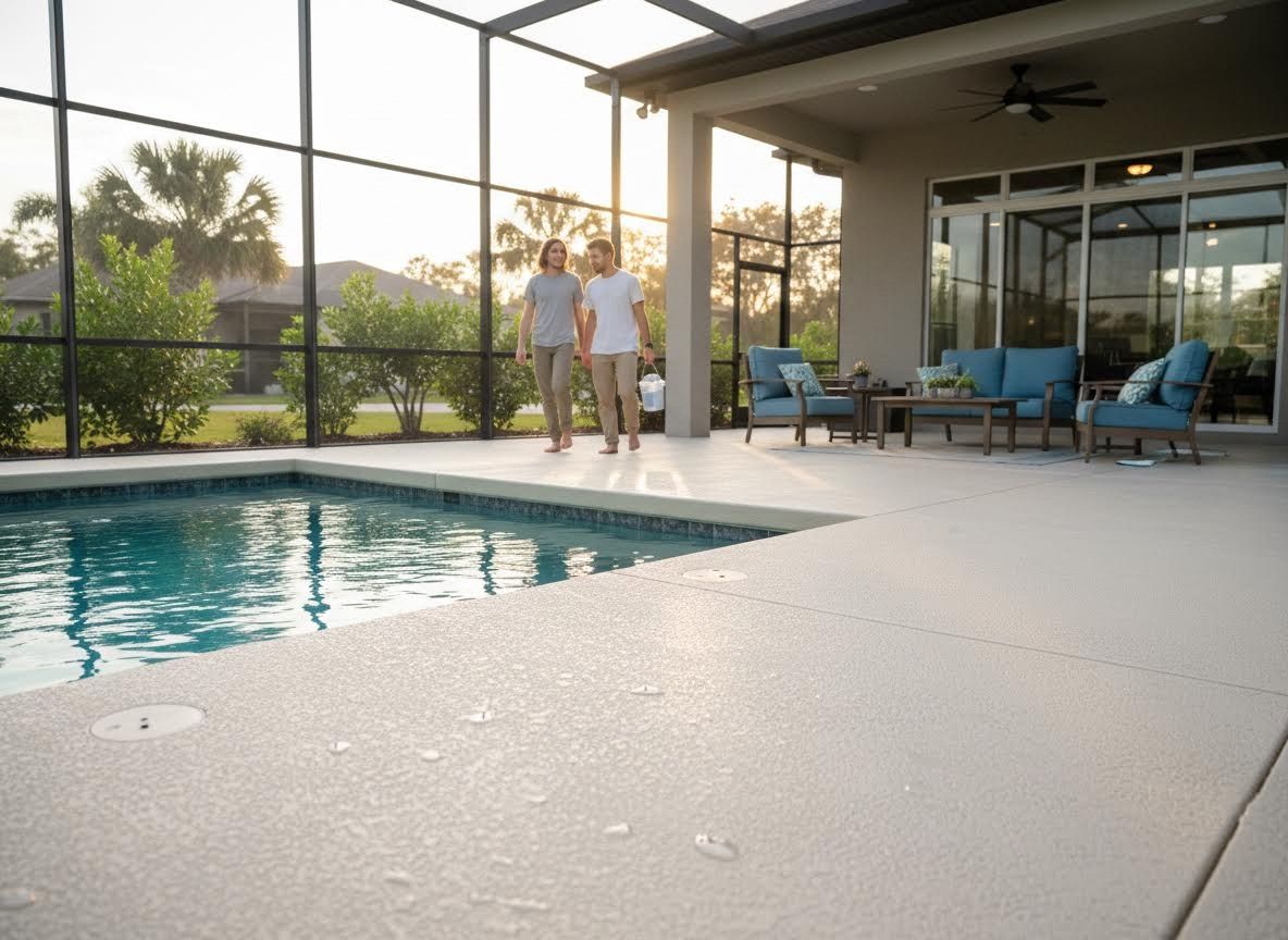 Couple Walking on Screened Patio Pool Deck