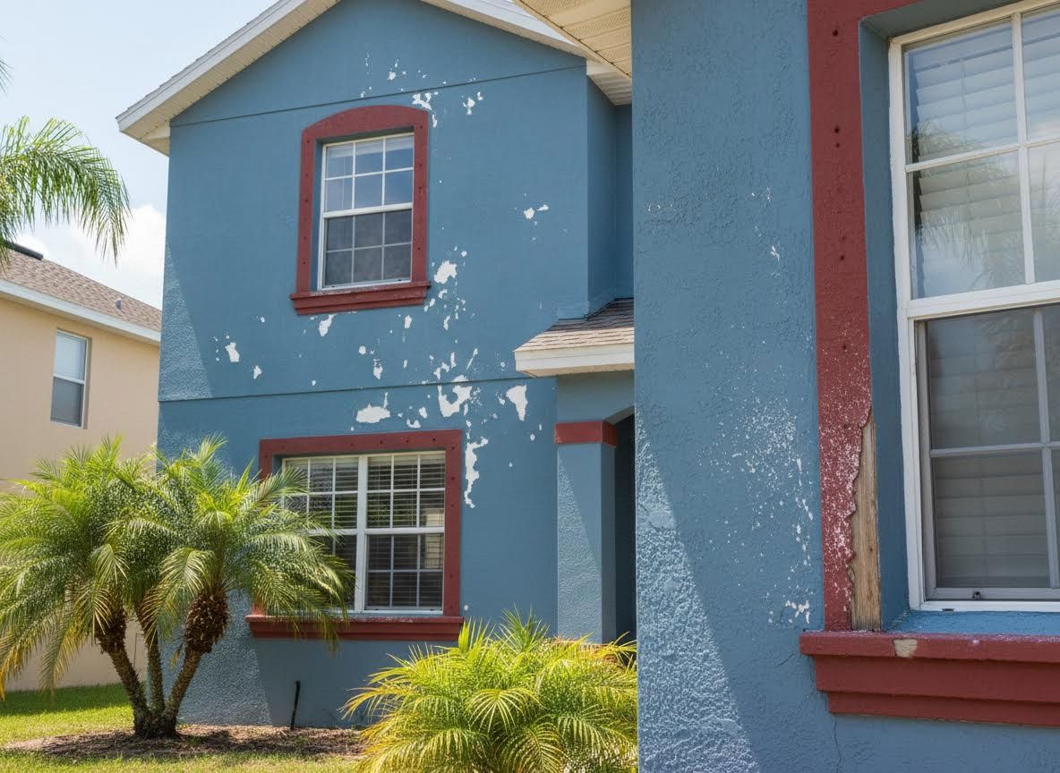 Blue House with Peeling Paint and Stucco Damage