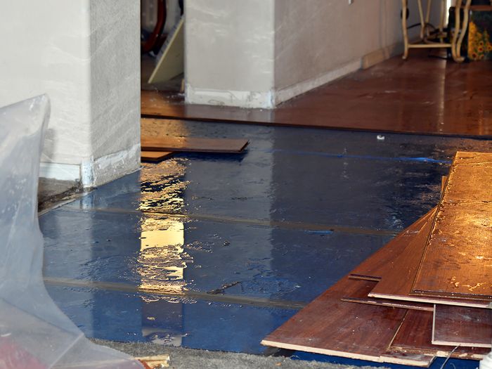 In this shot, flooring has been removed to reveal extent of water damage