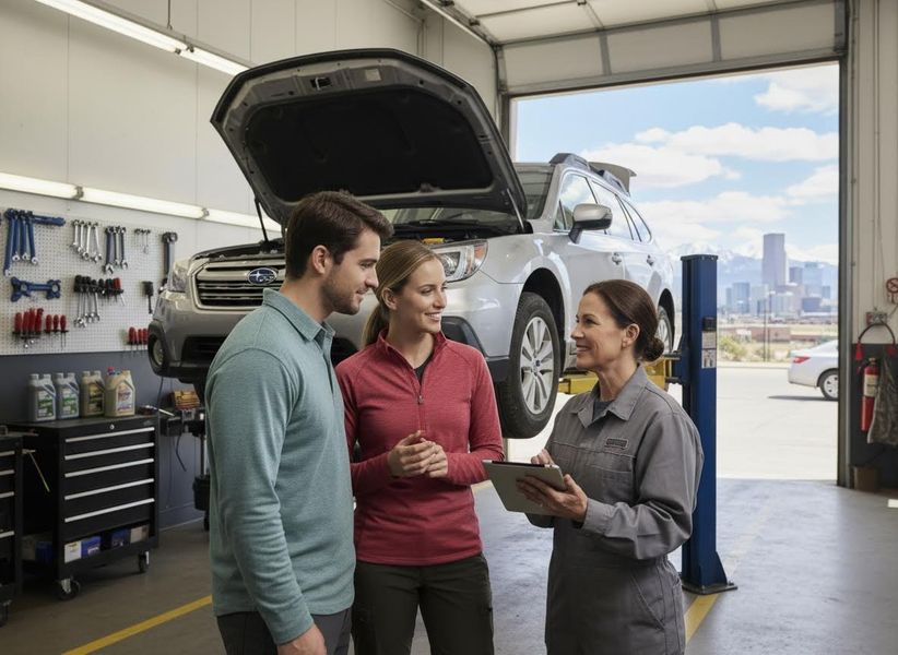 A female mechanic with a tablet talks to a smiling couple next to their silver SUV on a lift in a bright auto service bay. Couple and Mechanic Discussing Car Service