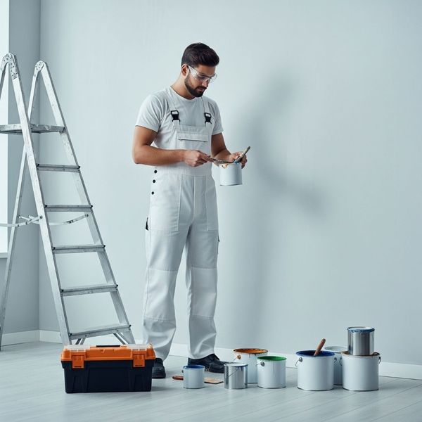 A painter preparing for an interior house painting project A painter preparing for an interior house painting project