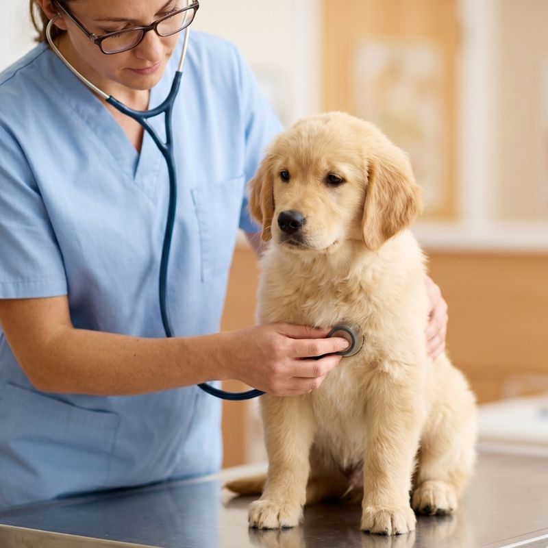 A square photograph showing a veterinarian in blue scrubs using a stethoscope to examine a Golden Retriever puppy on a clinic table.