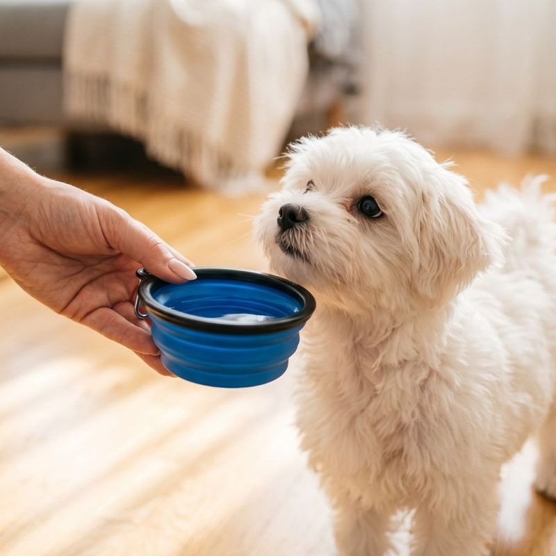A human hand gently offers a small collapsible travel bowl of water to a Maltese puppy.