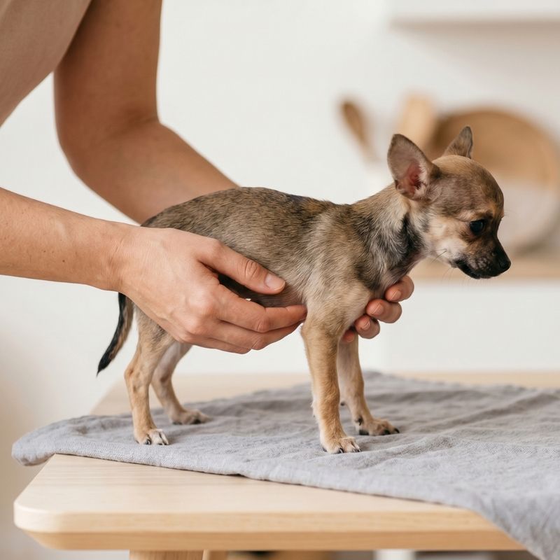 A person gently feeling the ribs of a very small, thin puppy