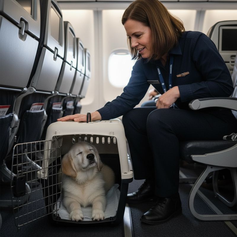 A caring flight nanny gently petting a puppy inside its carrier on an airplane. kind.jpg