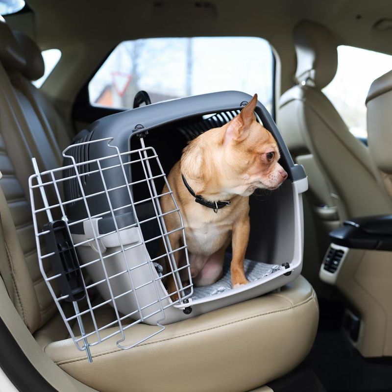 dog in a pet carrier in the backseat of a car