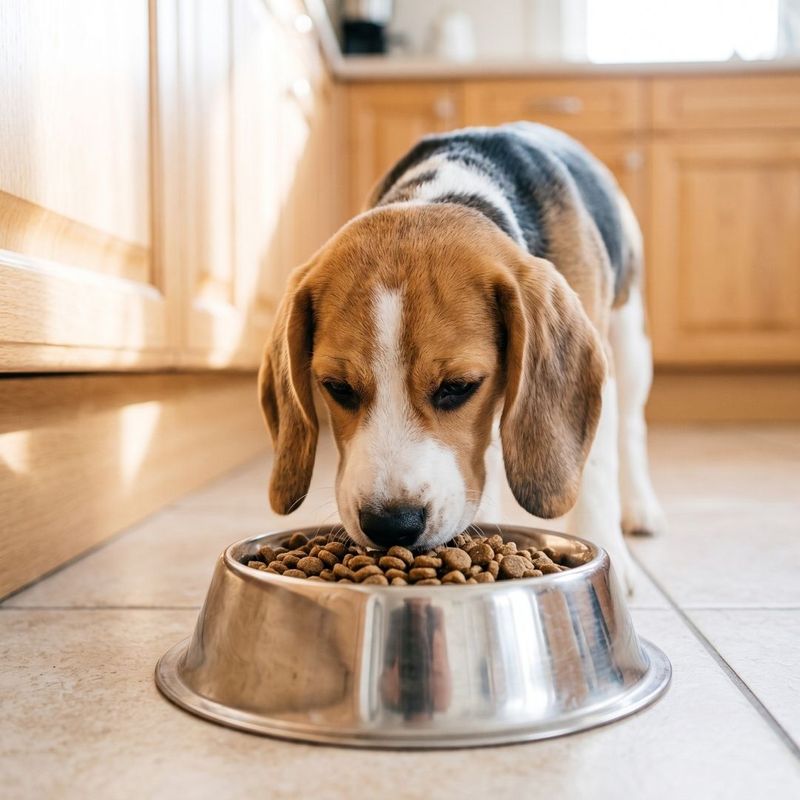 A Beagle puppy focused intently on eating kibble from a stainless steel bowl.