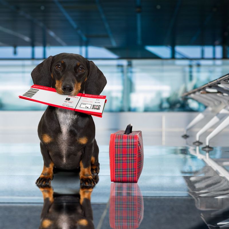dog holding a plane ticket