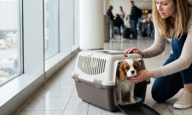 A woman kneels and comforts a small puppy looking anxiously out of a fabric travel carrier in an airport terminal.