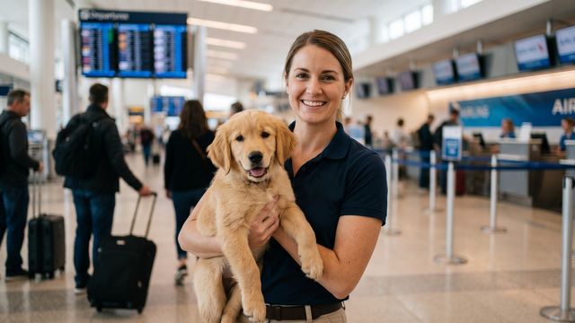 A professional flight nanny holds a happy golden retriever puppy in a busy airport terminal.