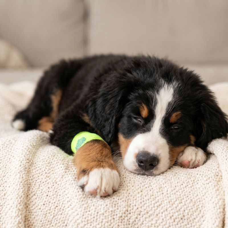 A square photograph of a sleepy Bernese Mountain Dog puppy resting on a blanket with a small colorful bandage on its front leg.