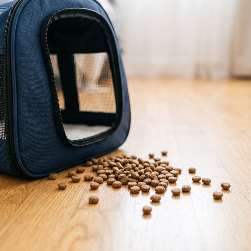 Dry puppy kibble scattered on a wooden floor next to a soft-sided travel carrier.