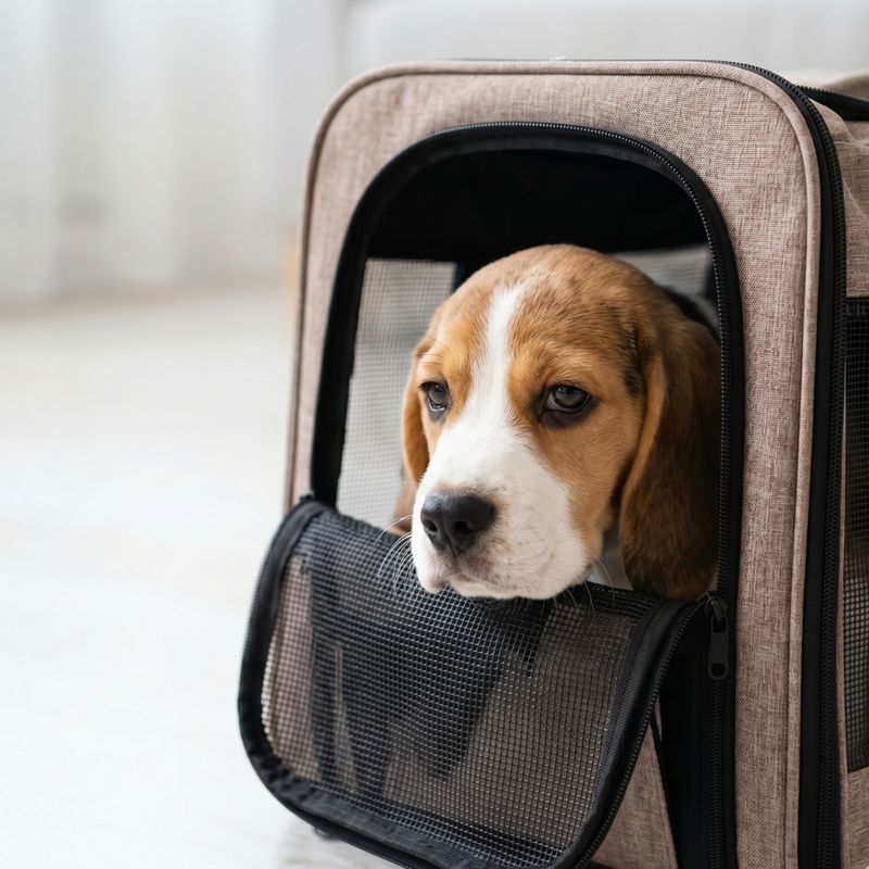 A close-up square photograph of a distressed Beagle puppy whining near the mesh opening of a soft-sided travel carrier.