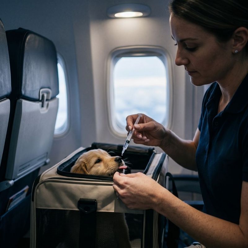 Inside an airplane cabin, a flight nanny uses a needleless syringe to offer a water droplet to a puppy in its carrier.