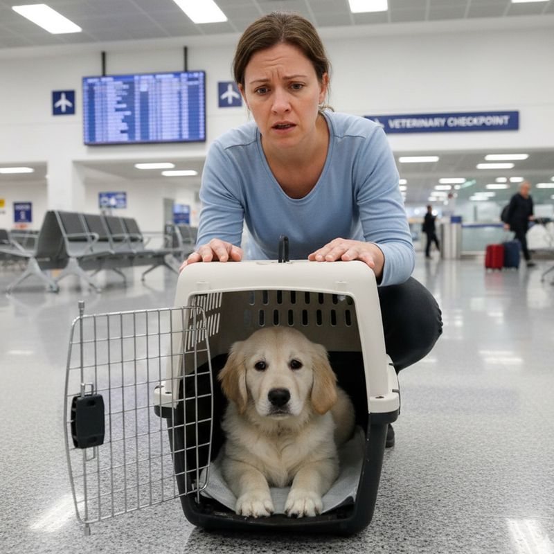 A worried woman looking into a pet carrier in a sterile airport environment. stressedowner.jpg