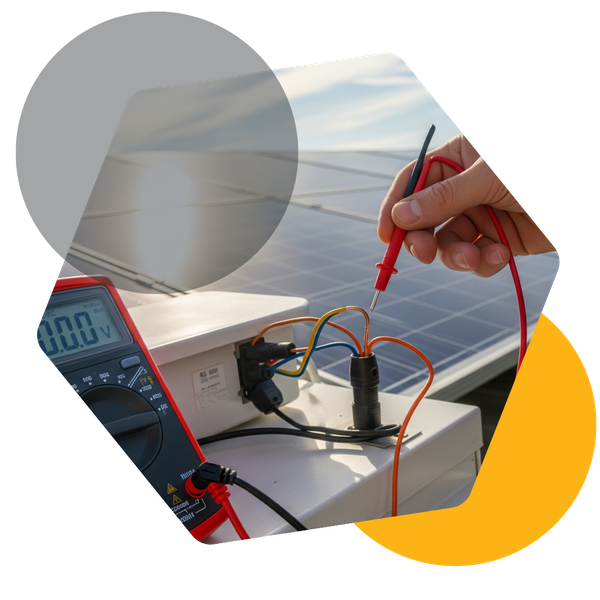 a hand using a multimeter to test a solar energy system's wiring