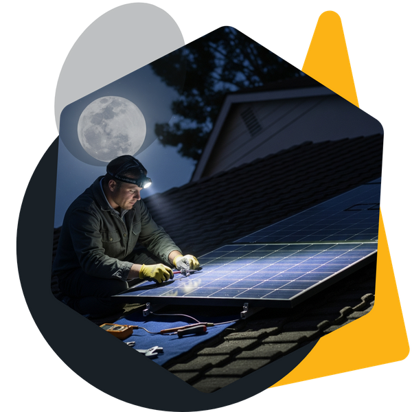 Technician working on a solar panel on a suburban home's rooftop at night