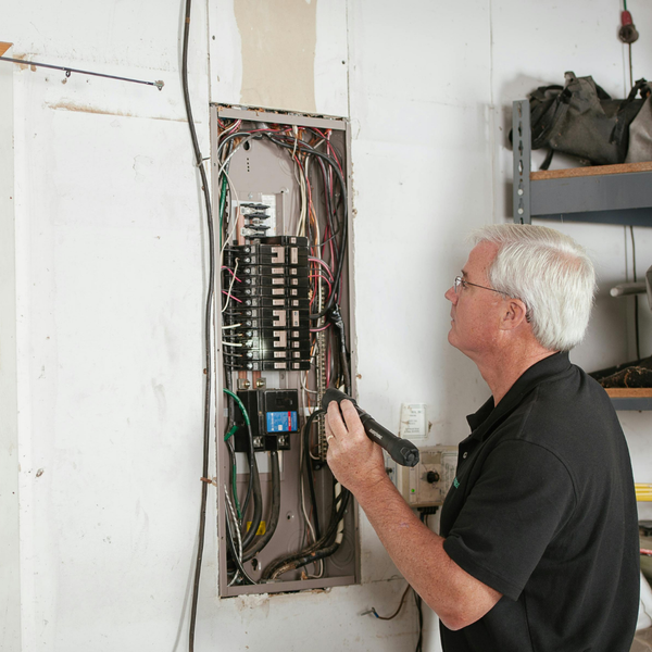 Electrician looking at an electrical box
