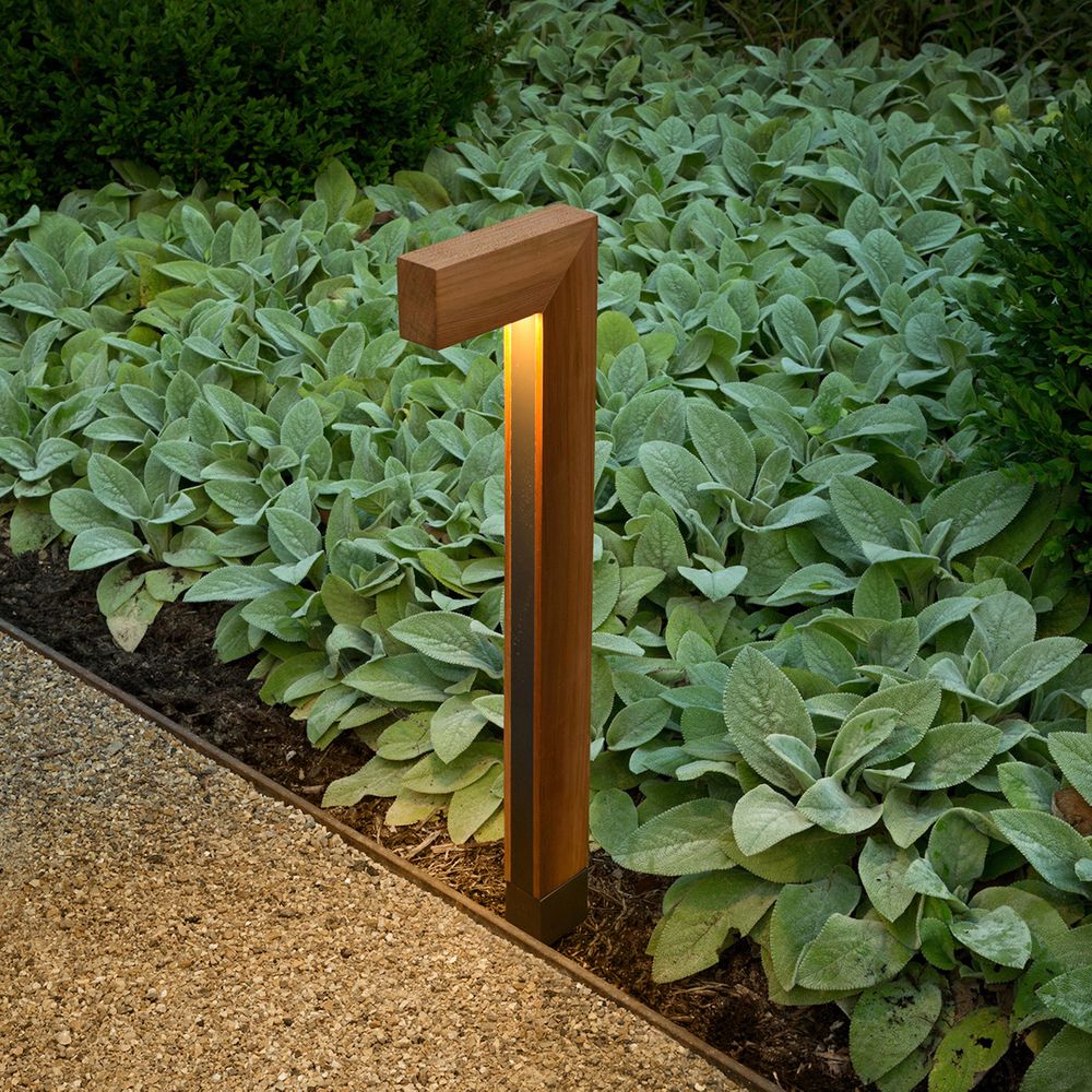 A modern wood landscape light fixture