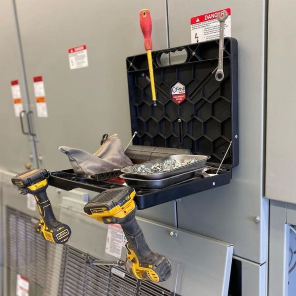OmniShelf attached to a metal panel OmniShelf attached to a metal panel