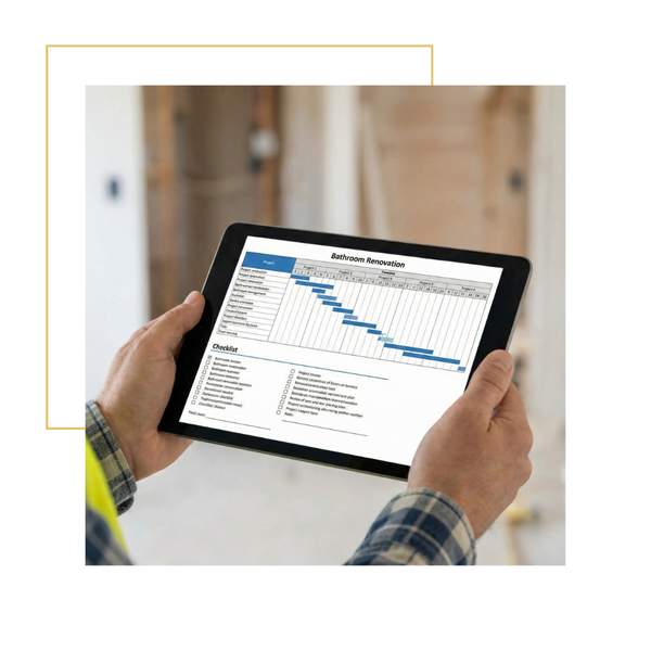 A contractor's hands holding a tablet displaying a detailed bathroom renovation project timeline and checklist.