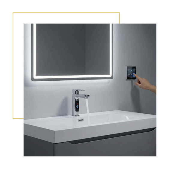 Close-up of a modern bathroom vanity with a smart faucet and a hand using a digital control panel on the wall.