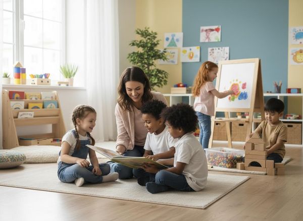 A smiling teacher reads to three young children on a rug, while other kids paint and build blocks in a bright, colorful classroom. Teacher reading to diverse children in a preschool classroom