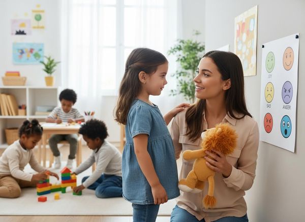 A young female teacher with a lion plush toy talks to a smiling little girl in a classroom with other children playing and an emotion chart on the wall. Teacher with girl and emotion chart in classroom