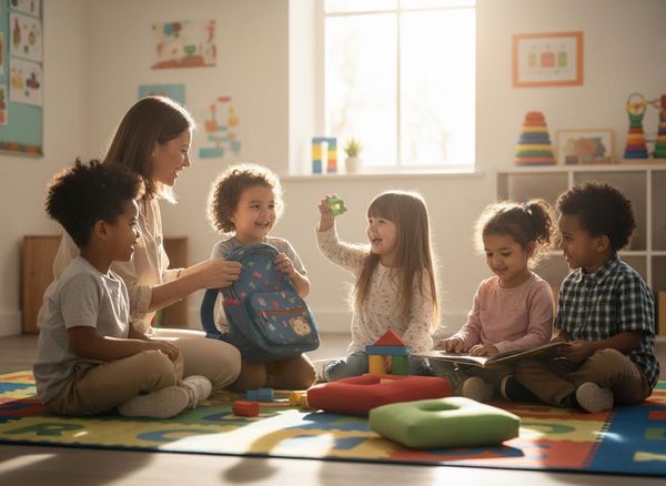A smiling teacher engages with five happy, diverse preschoolers on a colorful mat, playing with blocks, toys, and reading a book in a bright classroom. Preschool Teacher and Diverse Students Playing