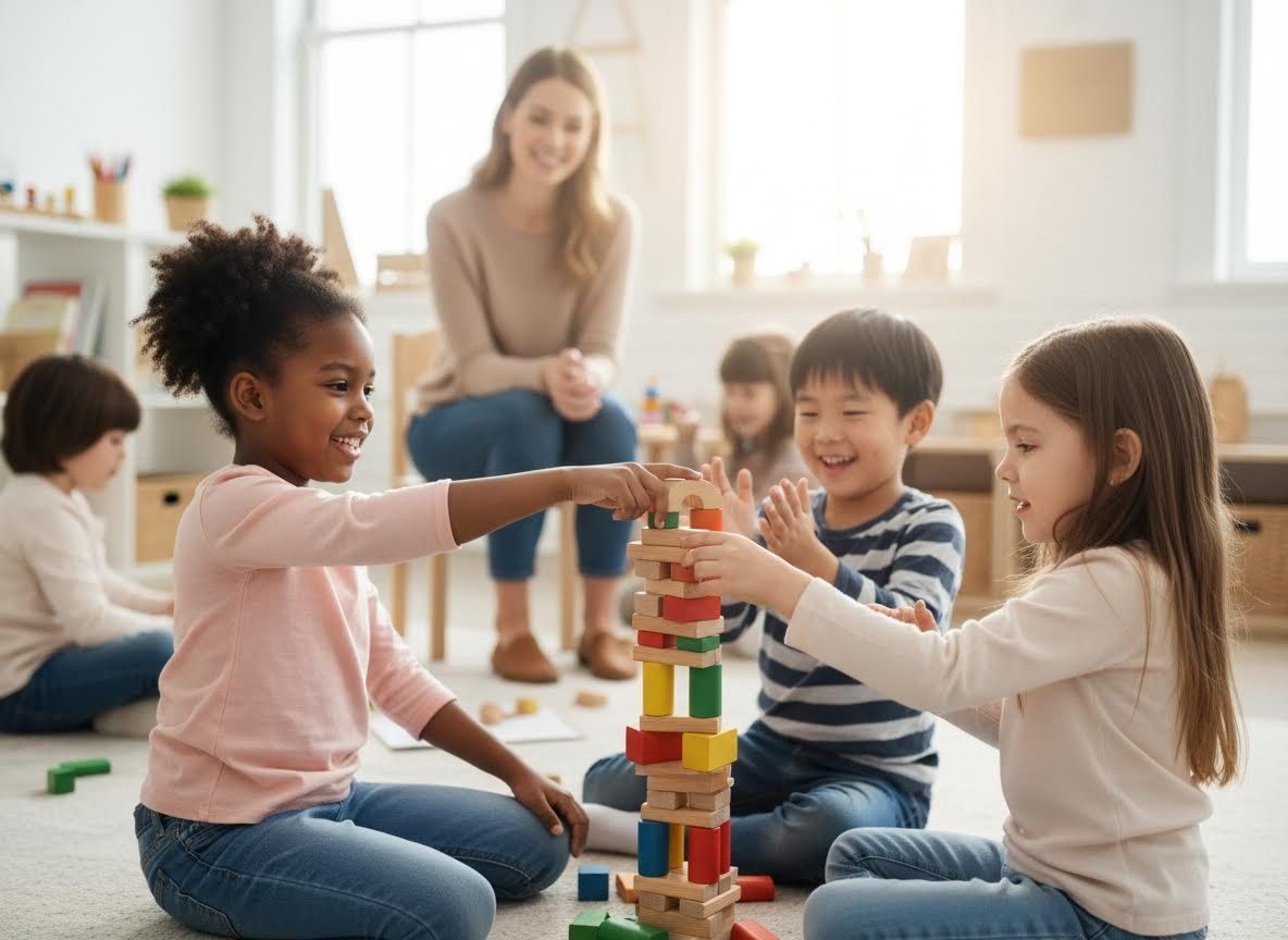 Diverse Young Children Building a Block Tower with Teacher