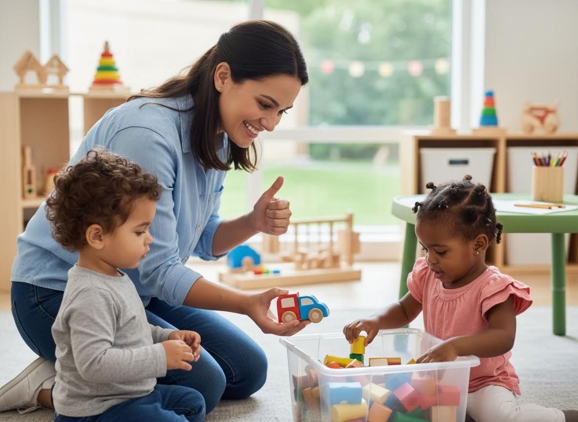 Caregiver and two toddlers playing with wooden toys