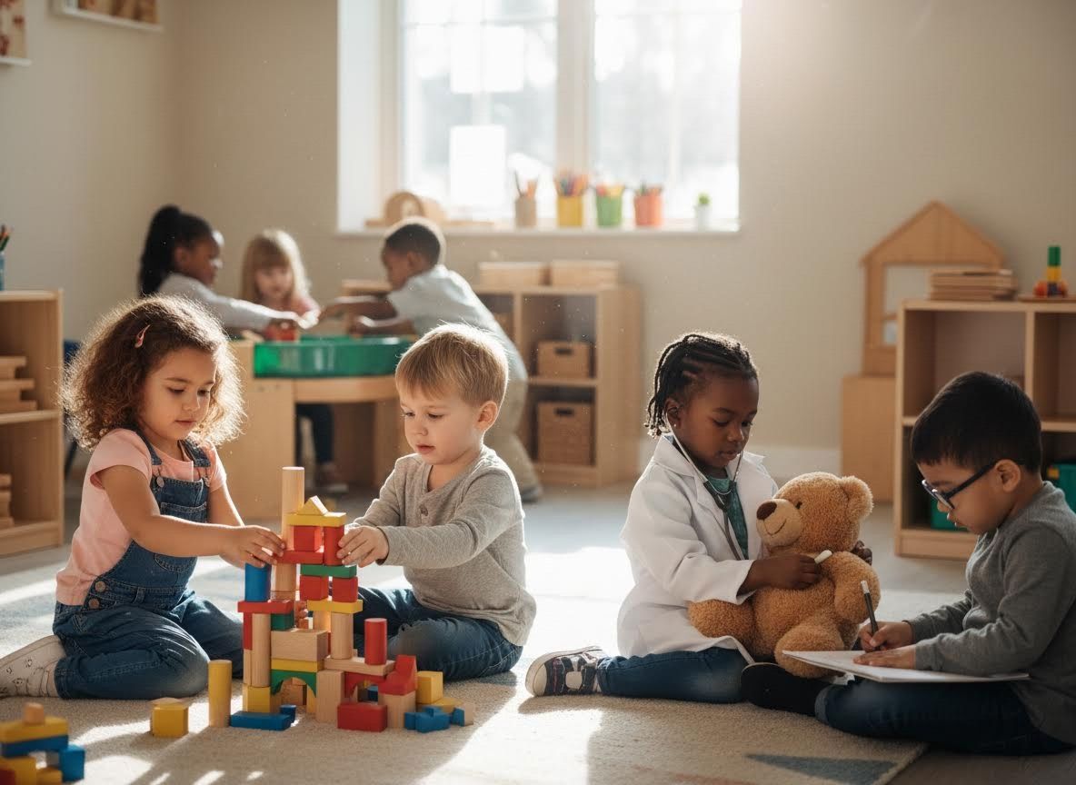 Diverse Preschool Children Playing Collaboratively in a Bright Classroom