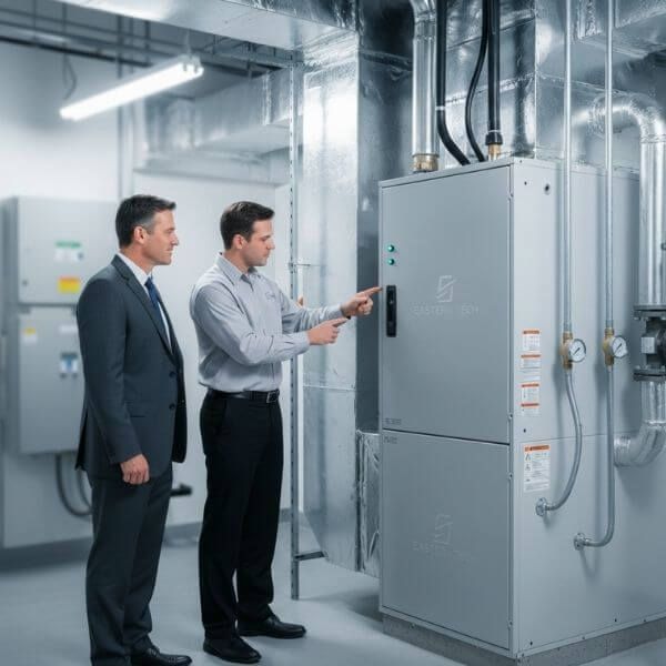 Commercial HVAC tech looking at a furnace